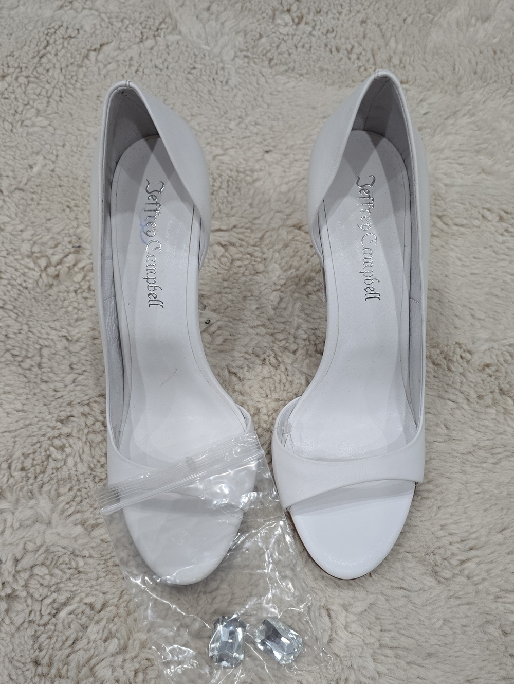 Jeffrey Campbell White Open-Toe D'Orsay Heels(each Foot has Two Missing Stones)